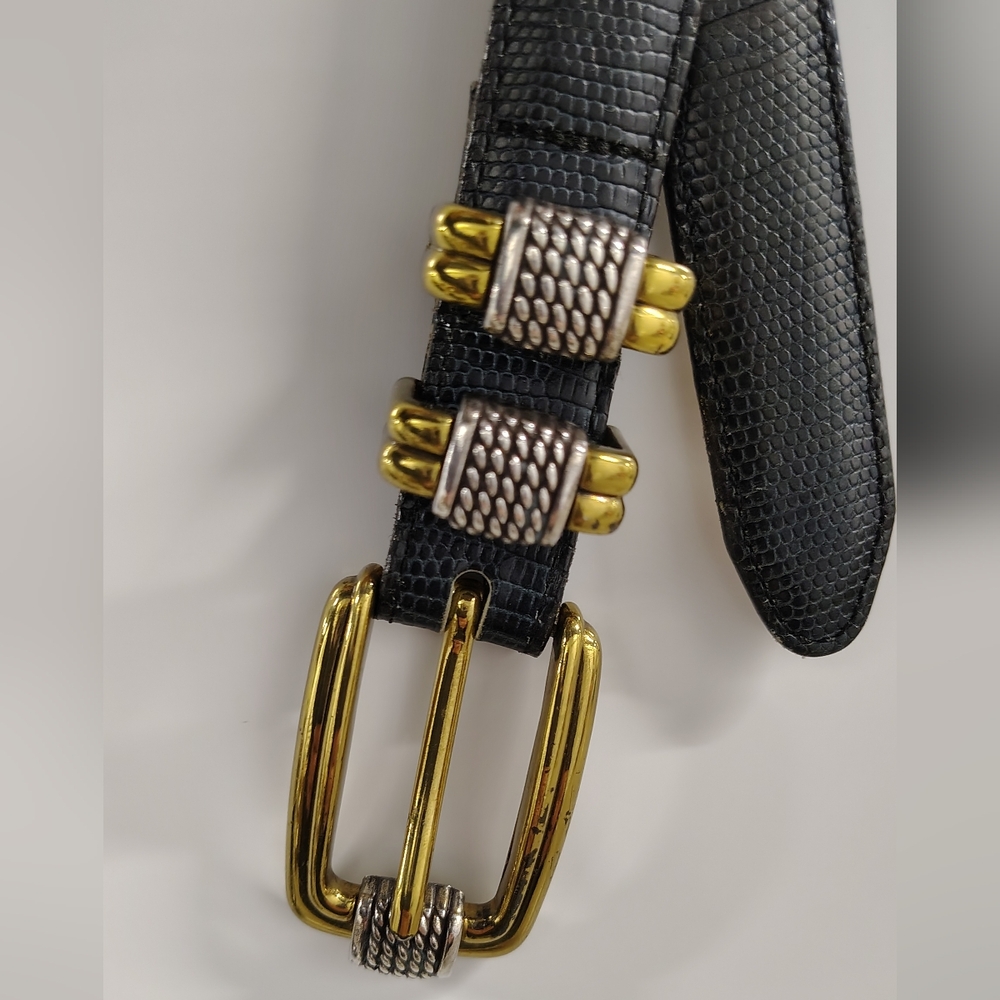 VTG Brighton Belt XL Black Textured Leather 2-Tone Buckle USA 90's Western Ranch